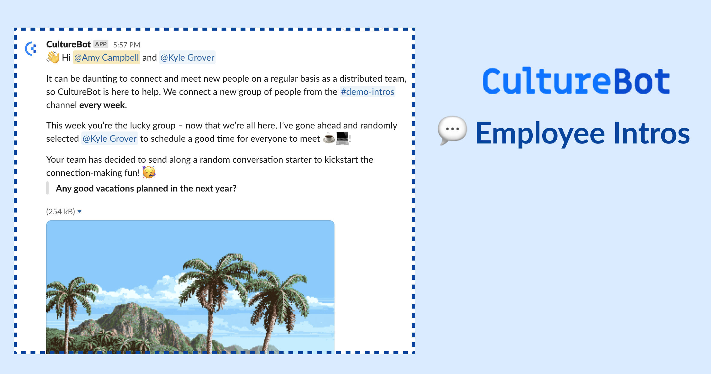 Easily connect team members and introduce new employees with Employee Intros from CultureBot