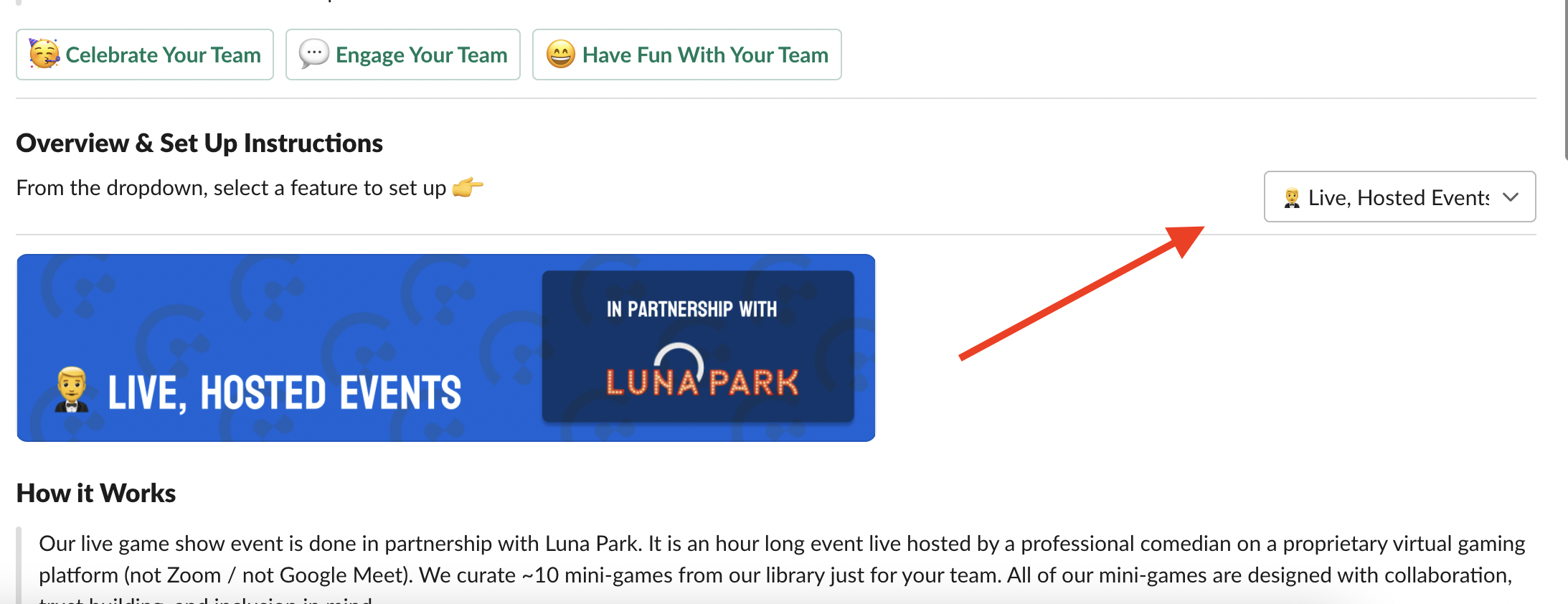 CultureBot Screenshot showing how to get started with live, hosted event.