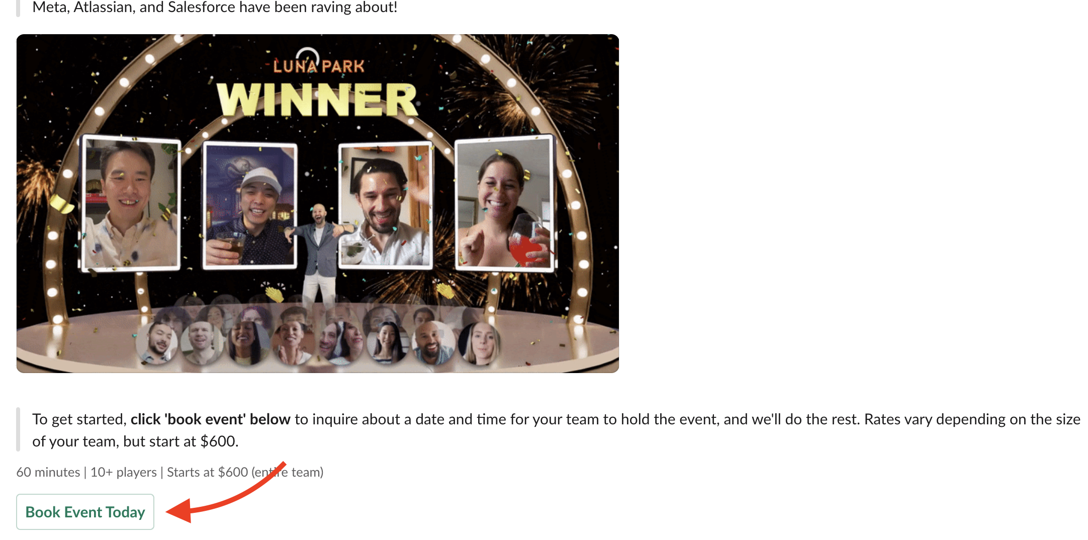 CultureBot Screenshot showing how to book event -- a live, remote, virtual event