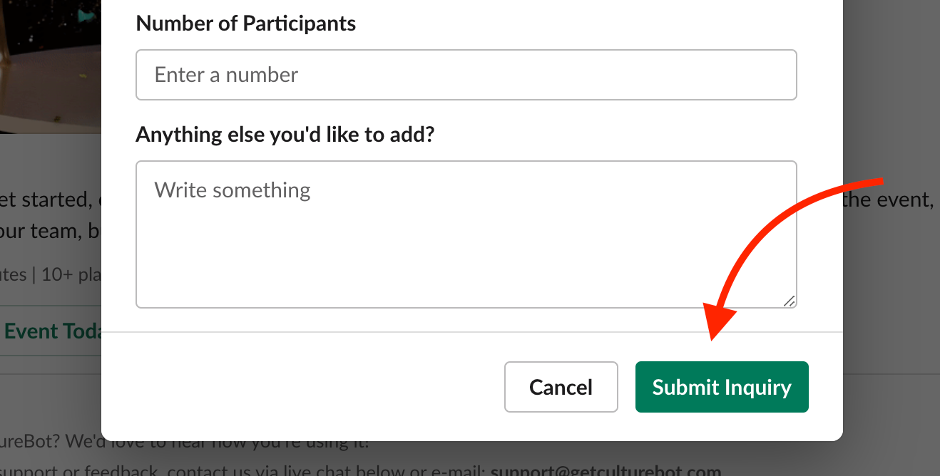 CultureBot Screenshot how to submit inquiry to get live, hosted event for your remote Slack team