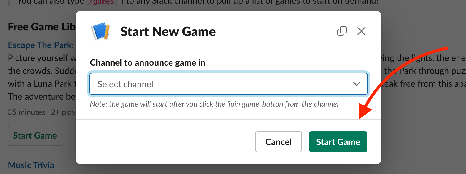How to start instant Luna Park game in Slack