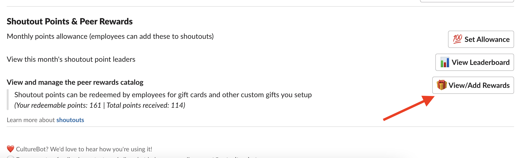 Culturebot screenshot showing peer rewards and how to Visit the 'shoutouts/peer rewards' feature page of the admin UI, and scroll down to click the 'view/add rewards' button.