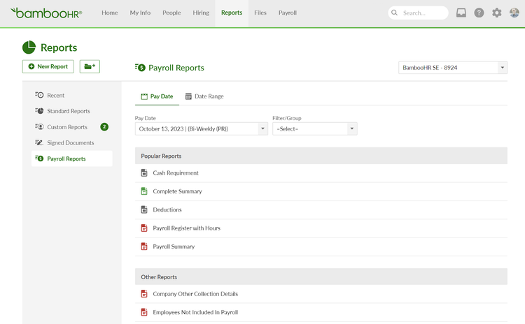 Reports Tab within Bamboo where users can create reports.
