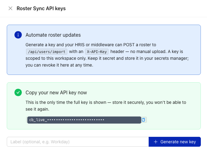The Roster Sync API keys panel in CultureBot, showing a newly generated key and the Generate new key button