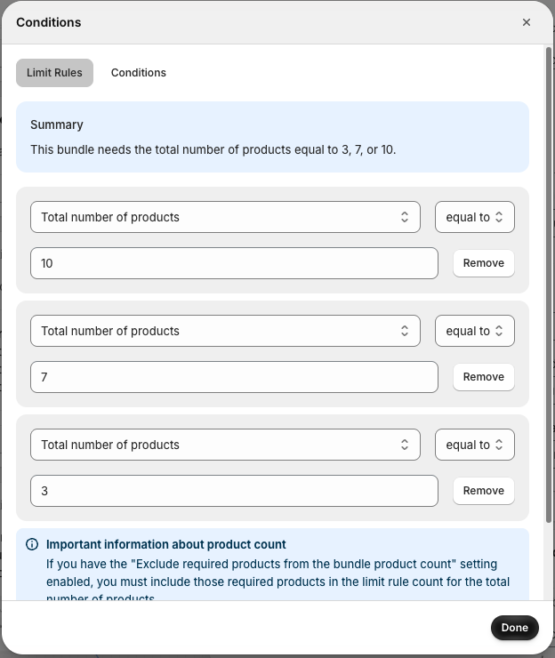 The Conditions window on the Limit Rules tab, with three Total number of products equal to rules for 10, 7 and 3, and a summary reading equal to 3, 7, or 10