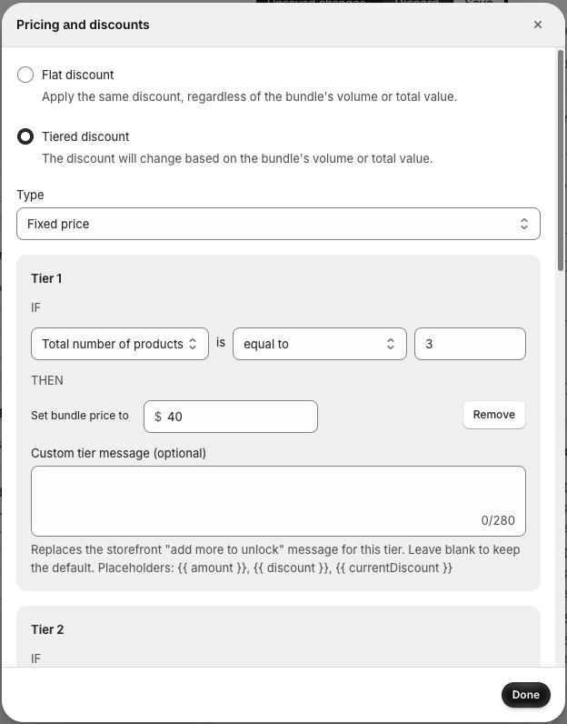 The Pricing and discounts window with Tiered discount selected, Type set to Fixed price, and Tier 1 set to total number of products equal to 3 with a bundle price of 40