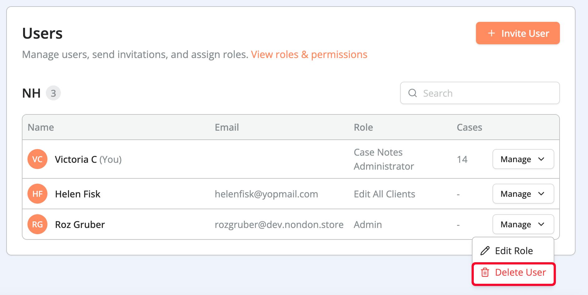 User profile card for Notehouse Support showing a Read Only role, 68 assigned cases, and a Manage menu with options to edit role or delete user.