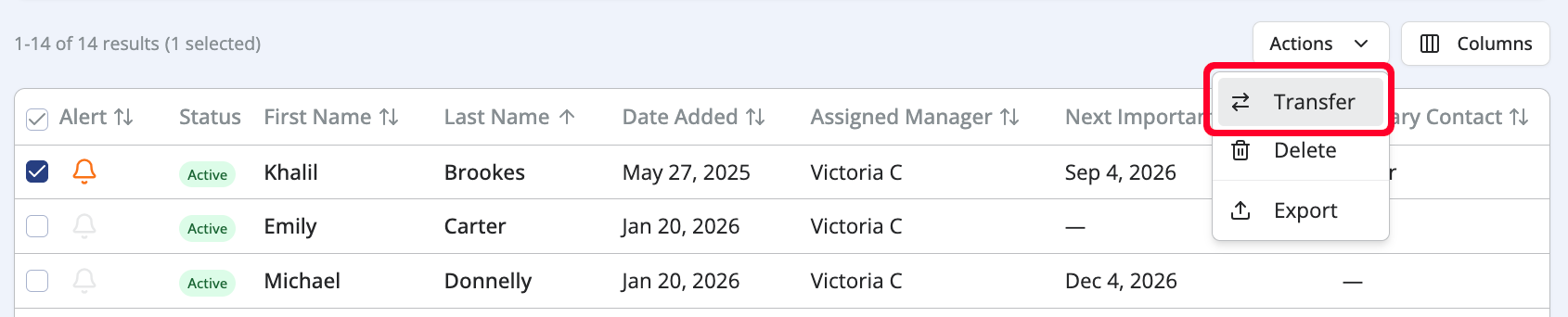 User management table showing one selected active user, with the Actions menu expanded and Transfer highlighted.