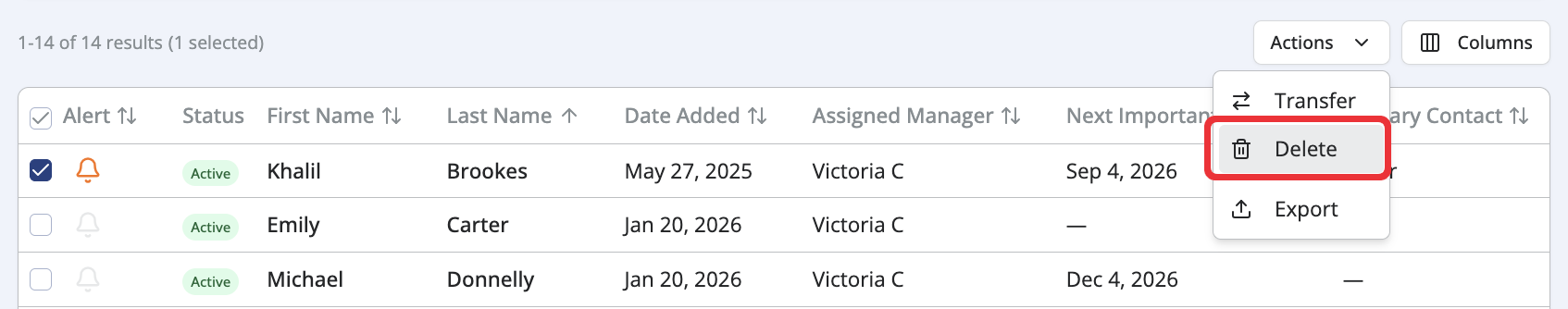 Clients list showing one selected client, with the Actions menu expanded and Delete highlighted.