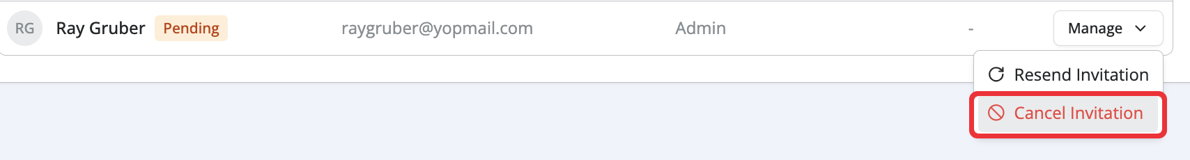 Pending invitation card with a Manage menu open, showing options to resend or cancel the invitation, with the option to cancel highlighted in gray.