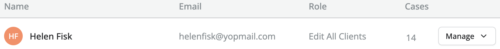 A user management table row showing columns for Name, Email, Role, and Cases.