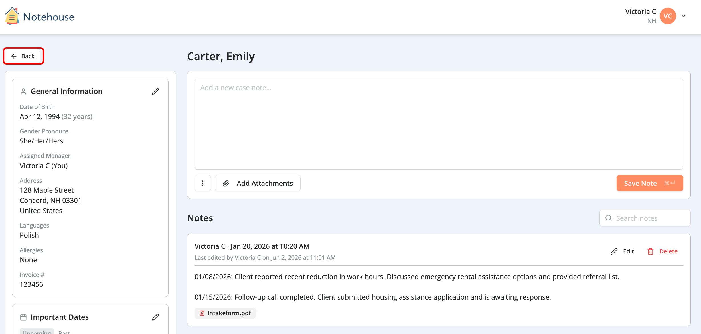 Client profile page with navigation back button, client details panel, important dates, and a notes section including existing case notes and options to add attachments with the Back Button highlighted.