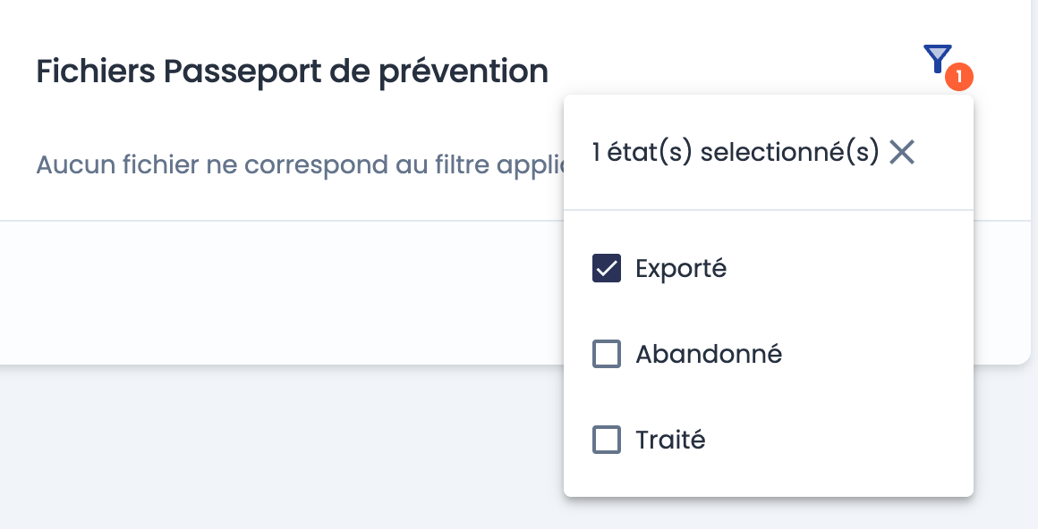 Filtre par état de la liste des fichiers Passeport de prévention