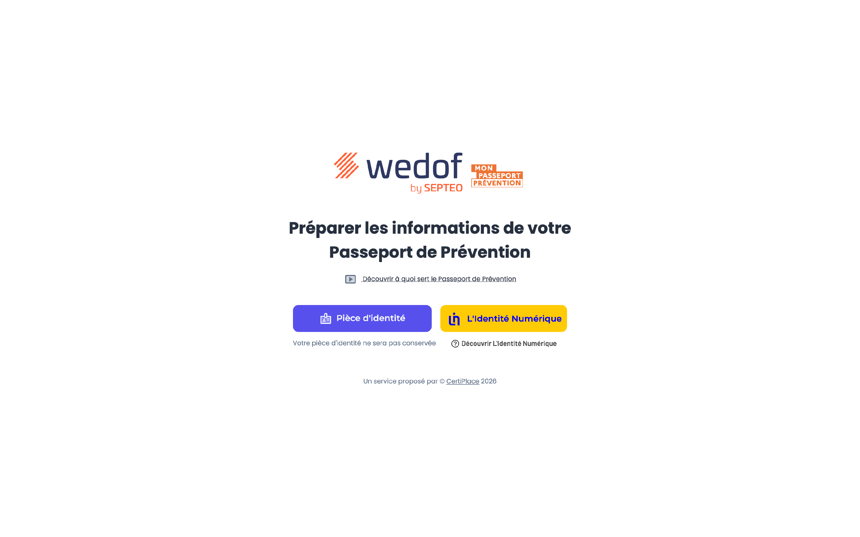 Page Passeport de prévention du stagiaire (vérification d'identité puis saisie du NIR et du nom de naissance)