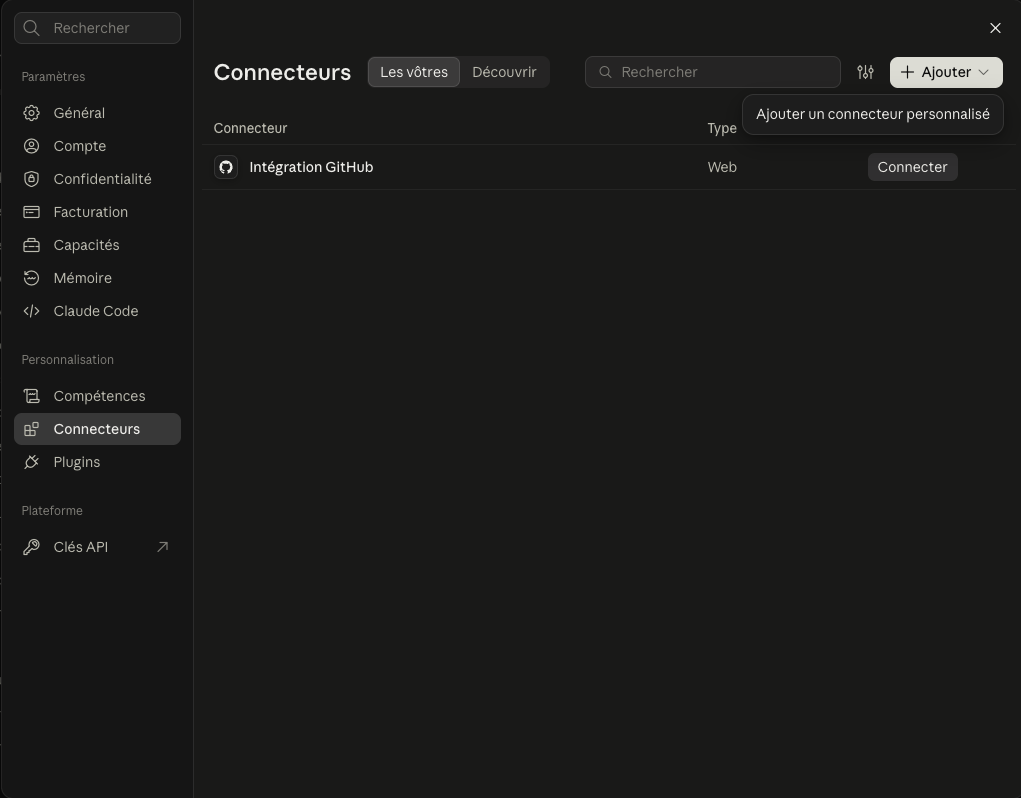 Menu Ajouter des connecteurs Claude