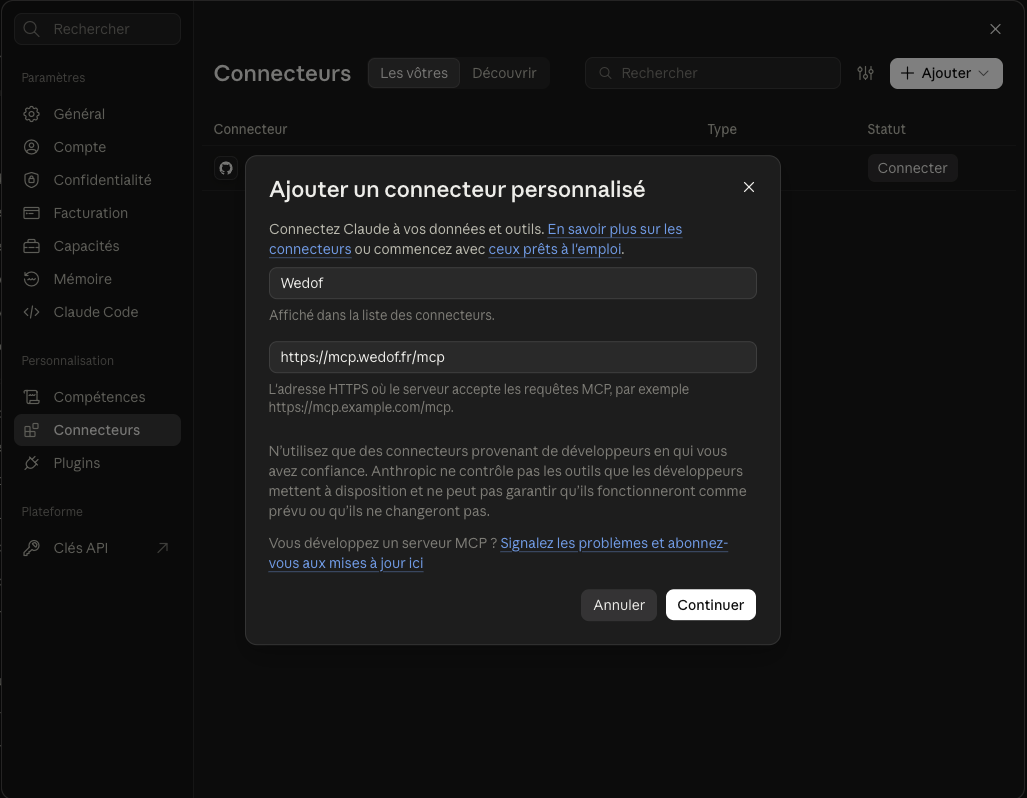 Ajout d'un connecteur personnalisé dans Claude