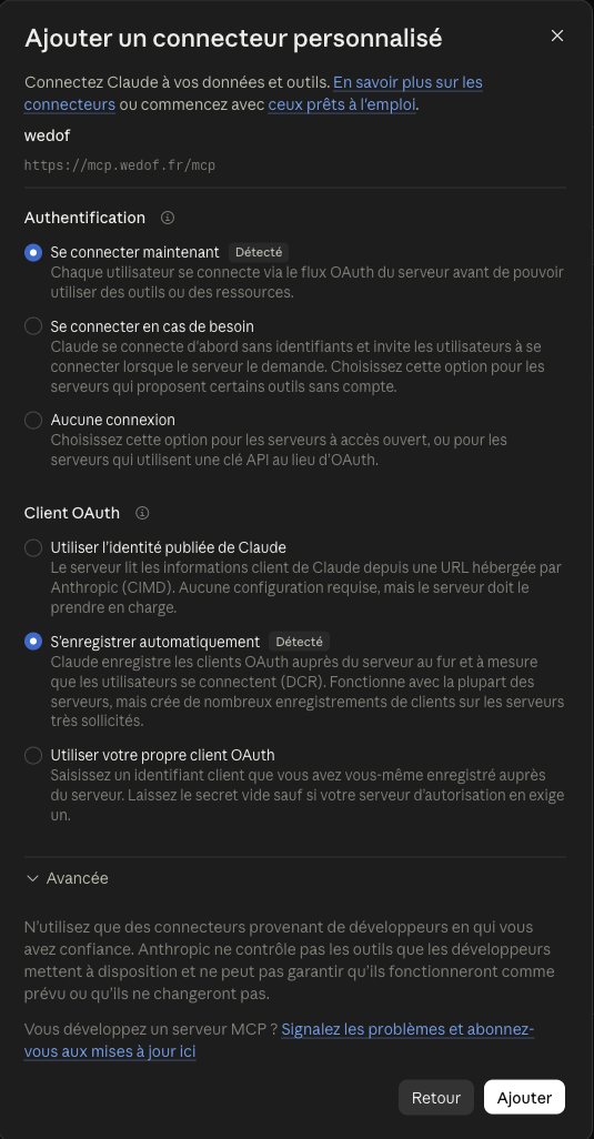 Options d'authentification du connecteur Claude