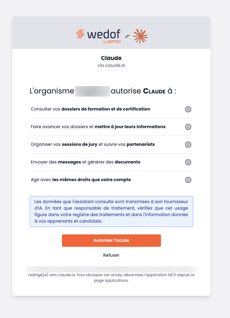 Page d'autorisation pour Claude