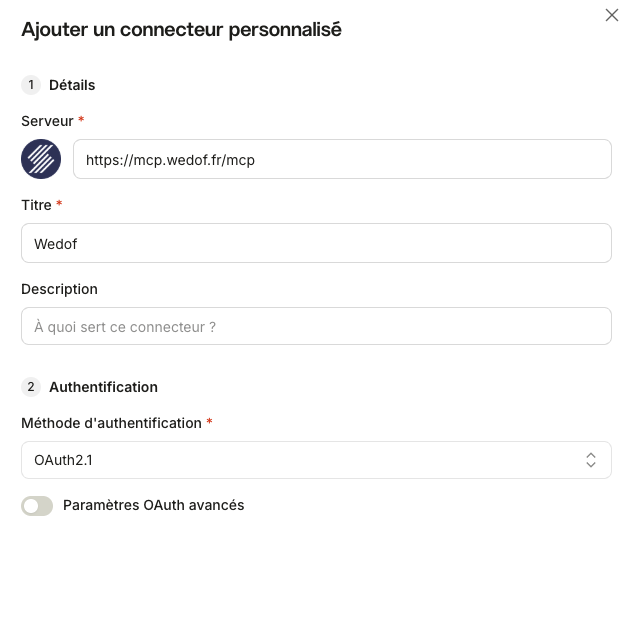 Formulaire d'ajout du connecteur CertiPlace dans Mistral Vibe