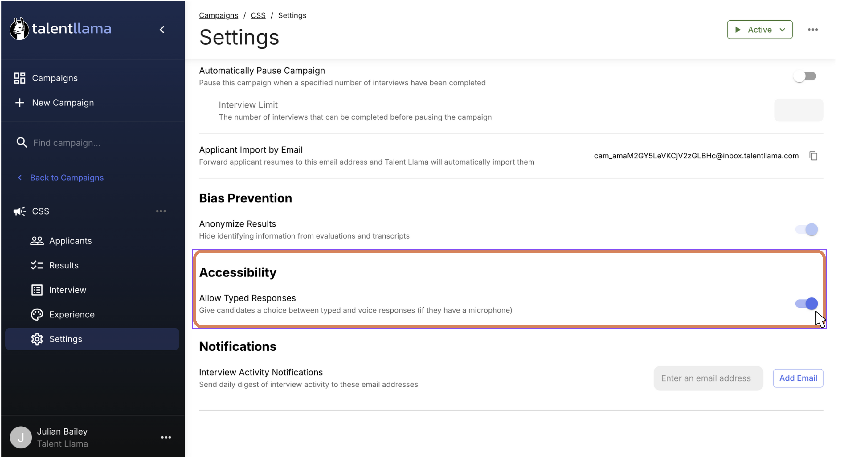Talent Llama campaign settings screen with the Accessibility section highlighted. The toggle for Allow Typed Responses is turned on, giving candidates the option to type or speak their interview answers. The interface shows a clean layout with a dark sidebar on the left and settings options like Bias Prevention and Notifications on the right.