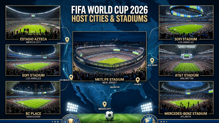 FIFA World Cup 2026 host cities and stadiums featuring MetLife Stadium, Estadio Azteca, SoFi Stadium, AT&T Stadium, BC Place, and Mercedes-Benz Stadium.