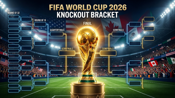 FIFA World Cup 2026 schedule and knockout bracket featuring a golden World Cup trophy, football stadium background, and tournament progression from Round of 32 to Final.