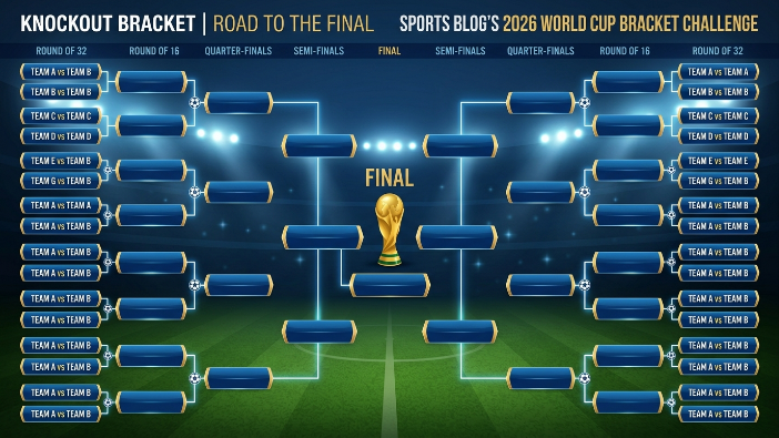 FIFA World Cup 2026 knockout bracket infographic showing Round of 32, Round of 16, Quarterfinals, Semifinals, Third Place Match, Final, and a championship trophy.