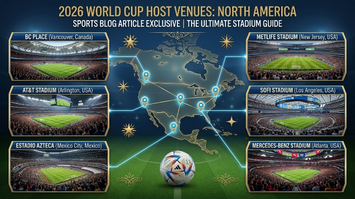 FIFA World Cup 2026 host stadiums collage featuring MetLife Stadium, Estadio Azteca, SoFi Stadium, AT&T Stadium, BC Place, and Mercedes-Benz Stadium.