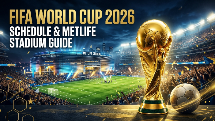 FIFA World Cup 2026 trophy with MetLife Stadium in the background, showcasing the tournament venue and football championship atmosphere.