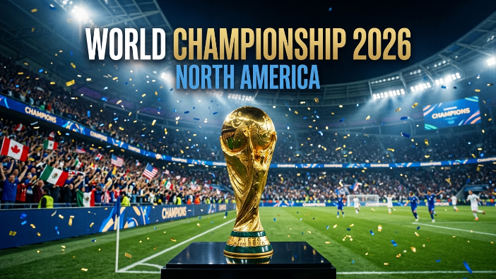 FIFA World Cup 2026 trophy with a stadium view and football fans celebrating the global football championship.
