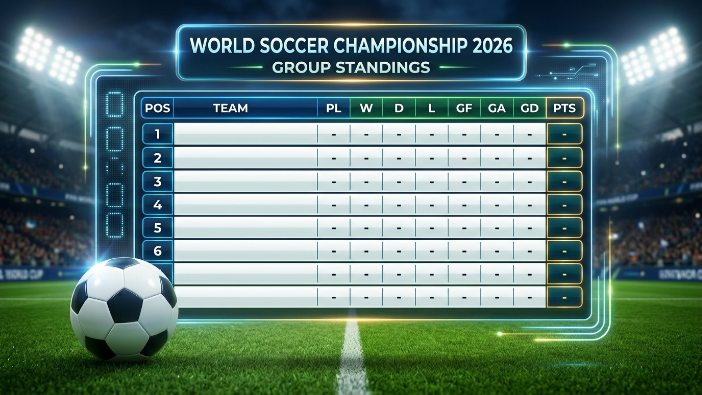 FIFA World Cup 2026 group standings graphic with a football field background, points table design, and tournament-themed visuals.