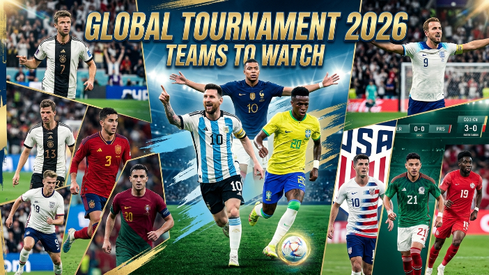 FIFA World Cup 2026 teams to watch featuring top national teams, star football players, and a championship stadium background.