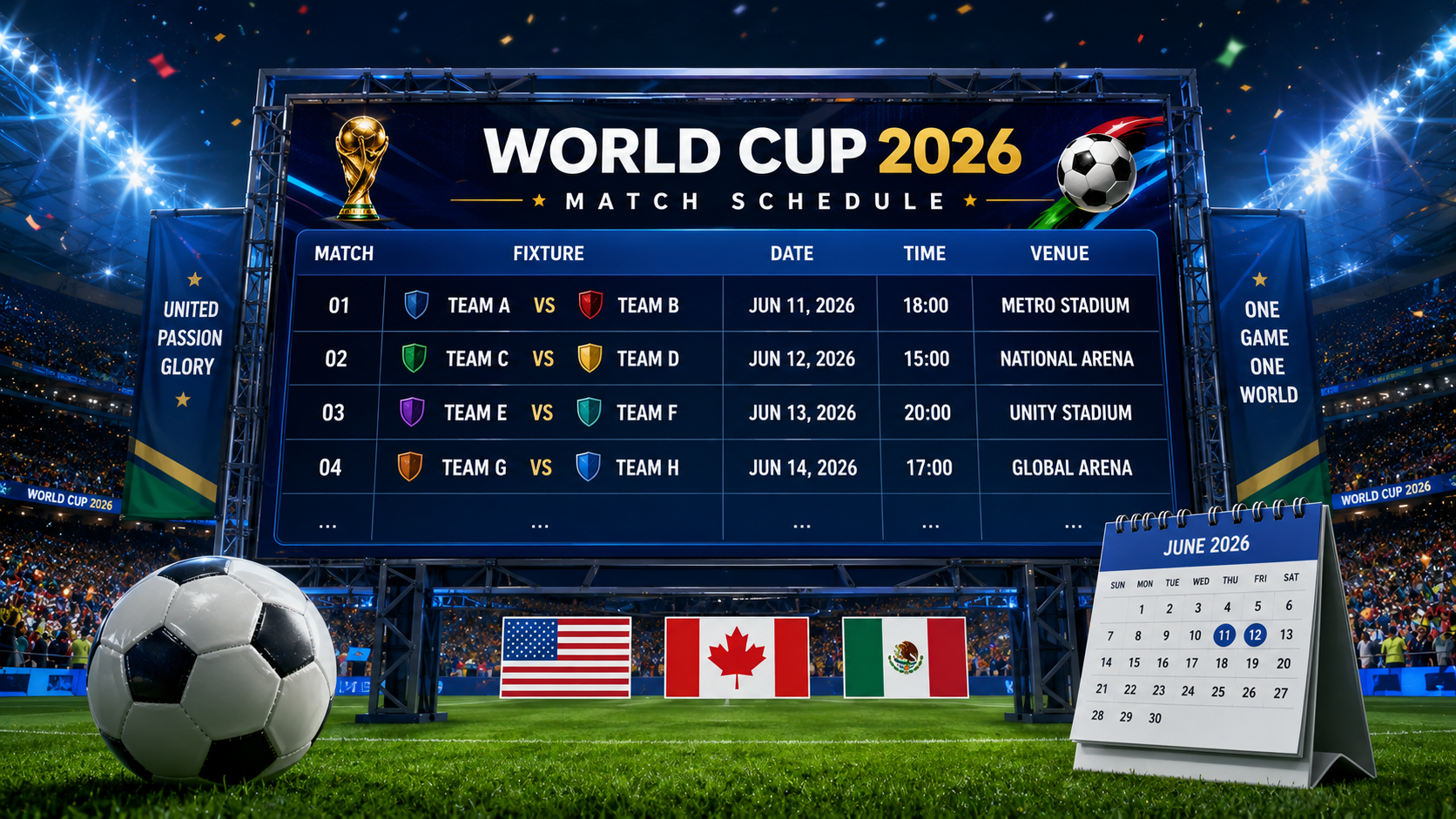 FIFA World Cup 2026 match schedule graphic featuring a football fixture board, stadium scoreboard, and tournament-themed visuals.
