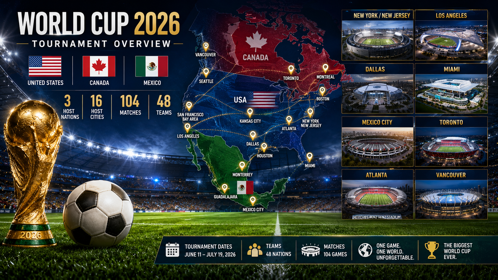 FIFA World Cup 2026 tournament overview showing the USA, Canada, and Mexico host countries map with stadium locations and football-themed graphics.