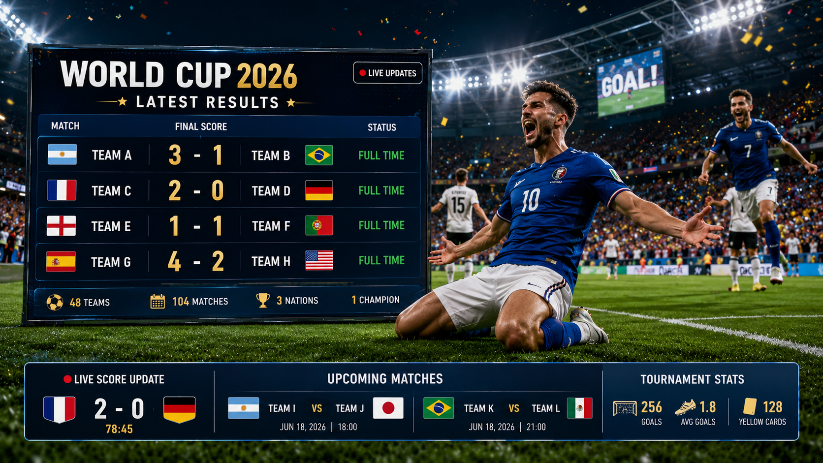 FIFA World Cup 2026 latest results graphic featuring a football scoreboard, match action, and players celebrating a goal.