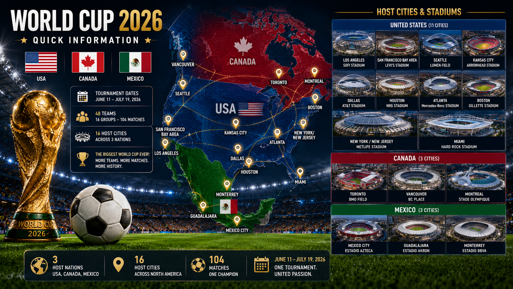 FIFA World Cup 2026 quick information graphic showing USA, Canada, and Mexico host countries map with stadium collage and tournament details.