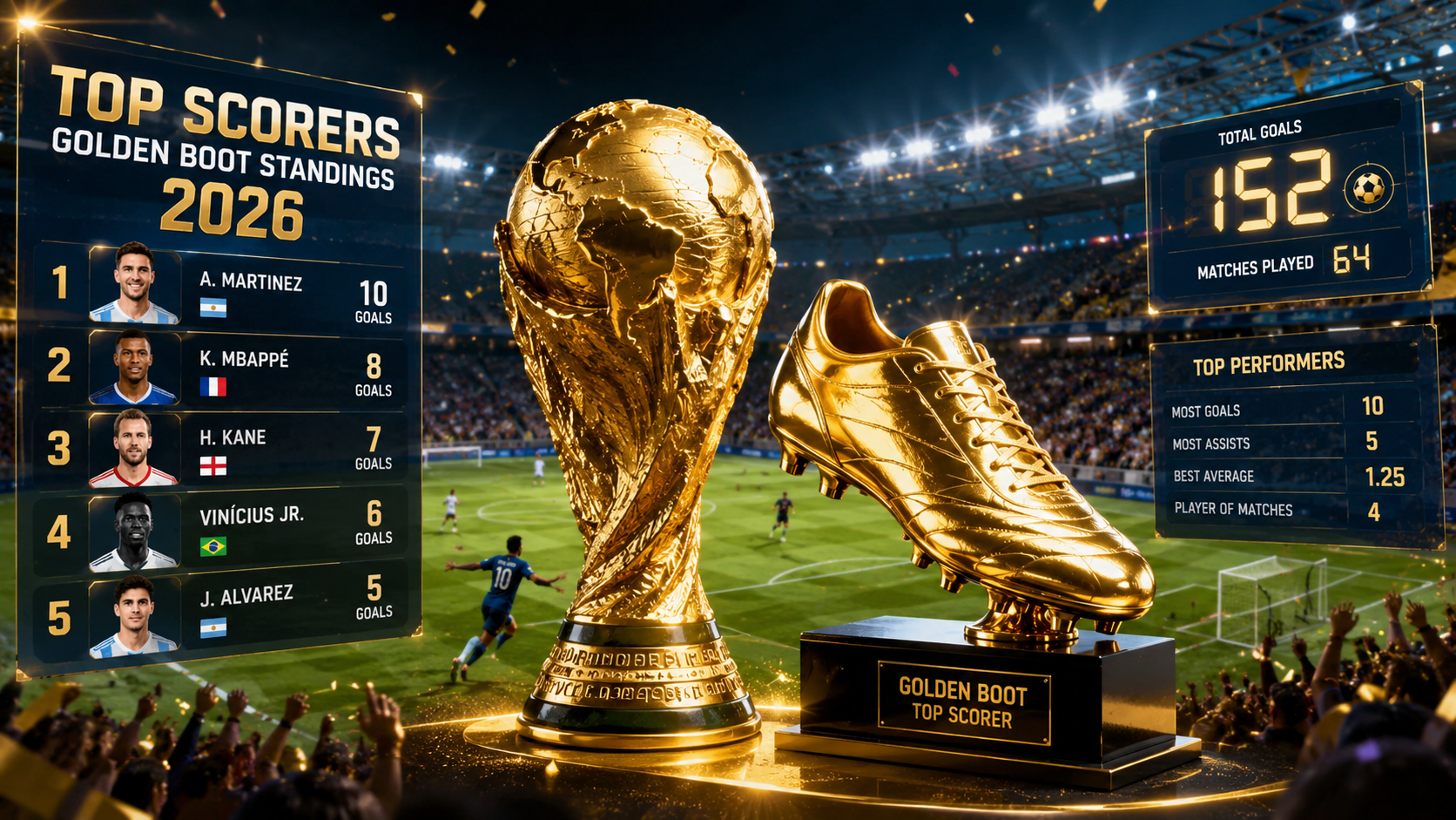 FIFA World Cup 2026 top scorers and Golden Boot standings featuring World Cup trophy, Golden Boot trophy, and football fans in a stadium.