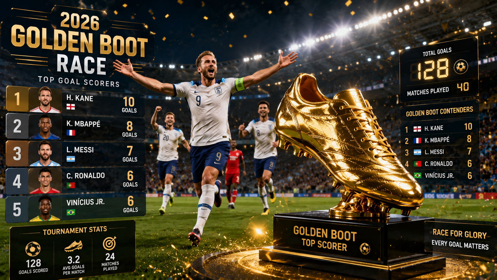FIFA World Cup 2026 Golden Boot race between top goal scorers featuring a Golden Boot trophy and goal celebration moment.