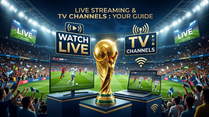 FIFA World Cup 2026 live streaming and TV channels featuring a trophy, football stadium, TV screen, mobile, laptop, and watch live theme.