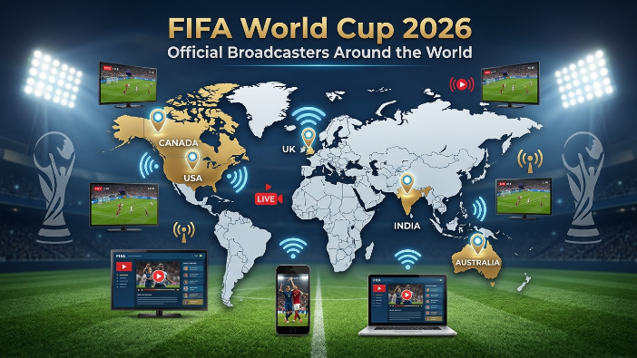 FIFA World Cup 2026 official broadcasters by country showing a world map with broadcasting regions, TV screens, and streaming icons.