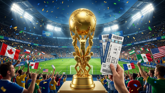 FIFA World Cup 2026 trophy with a stadium background and football fans holding tickets for the tournament.