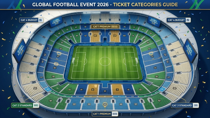 FIFA World Cup 2026 ticket categories shown on a stadium seating map with different sections highlighted.