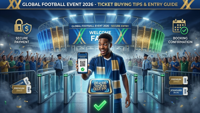 FIFA World Cup 2026 ticket buying tips featuring a fan using a digital ticket at a stadium entrance.