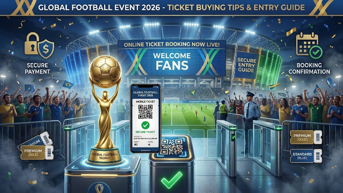 FIFA World Cup 2026 tickets online booking guide featuring a World Cup trophy, digital match ticket on smartphone, and packed stadium.