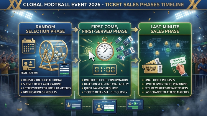 FIFA World Cup 2026 ticket sales phases timeline showing random selection, first-come-first-served, and last-minute sales stages.