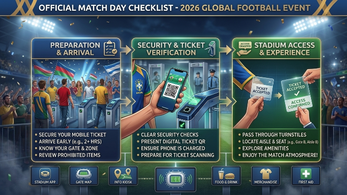 Using a digital ticket to enter a FIFA World Cup 2026 stadium with a smartphone QR-code ticket.