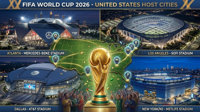 Major FIFA World Cup 2026 stadiums in the United States featuring Mercedes-Benz Stadium, SoFi Stadium, MetLife Stadium, and AT&T Stadium.