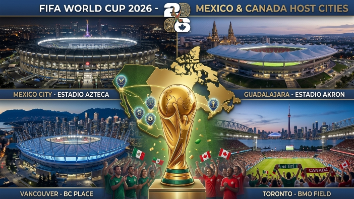 FIFA World Cup 2026 host stadiums in Mexico and Canada featuring Estadio Azteca, Estadio Akron, BC Place, and BMO Field.