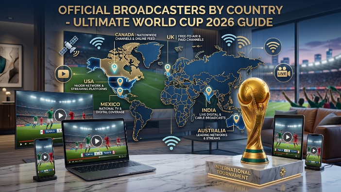 FIFA World Cup 2026 official broadcasters by country showing a world map with TV and streaming icons for major broadcast regions.