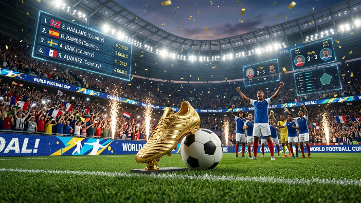 FIFA World Cup 2026 Golden Boot trophy with a football and a celebrating striker in a packed stadium.